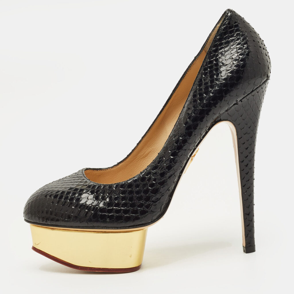 Charlotte Olympia Dolly Size 38.5 Black/Gold Snakeskin Leather Platform Pumps Charlotte Olympia Dolly Size 38.5 Black/Gold Snakeskin Leather Platform Pumps