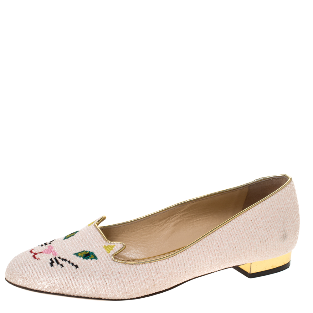 Charlotte Olympia Beige Embroidered Canvas Emoticat Cheeky Kitty Ballet Flats Size 40 Charlotte Olympia Beige Embroidered Canvas Emoticat Cheeky Kitty Ballet Flats Size 40