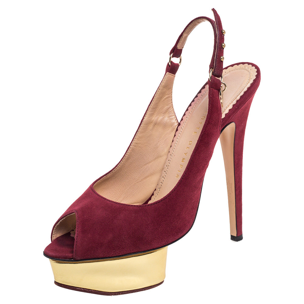 Charlotte Olympia Maroon Suede Slingback Peep Toe Platform Pumps Size 38 Charlotte Olympia Maroon Suede Slingback Peep Toe Platform Pumps Size 38