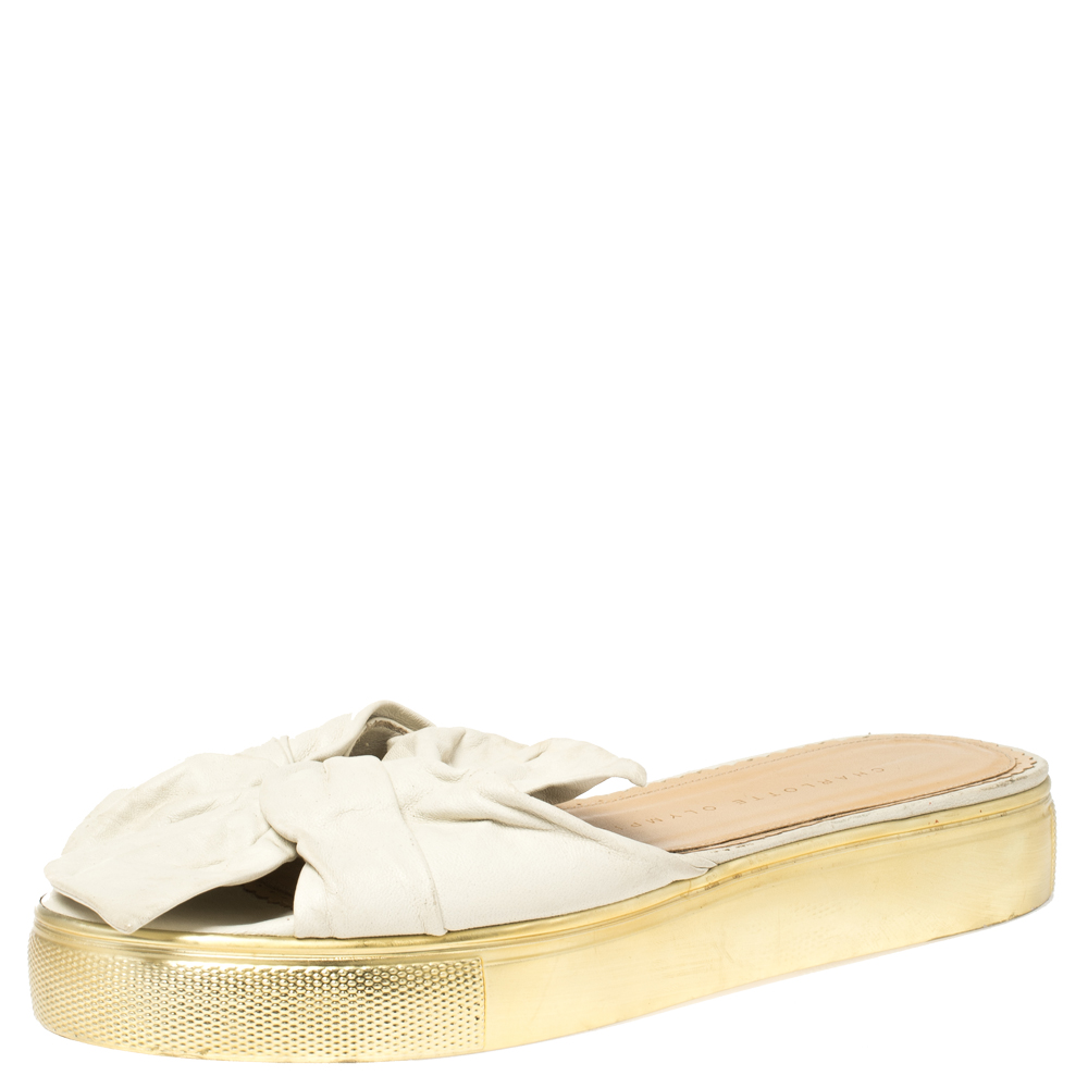 Charlotte Olympia White Leather Knotted Bow Slides Size 36 Charlotte Olympia White Leather Knotted Bow Slides Size 36
