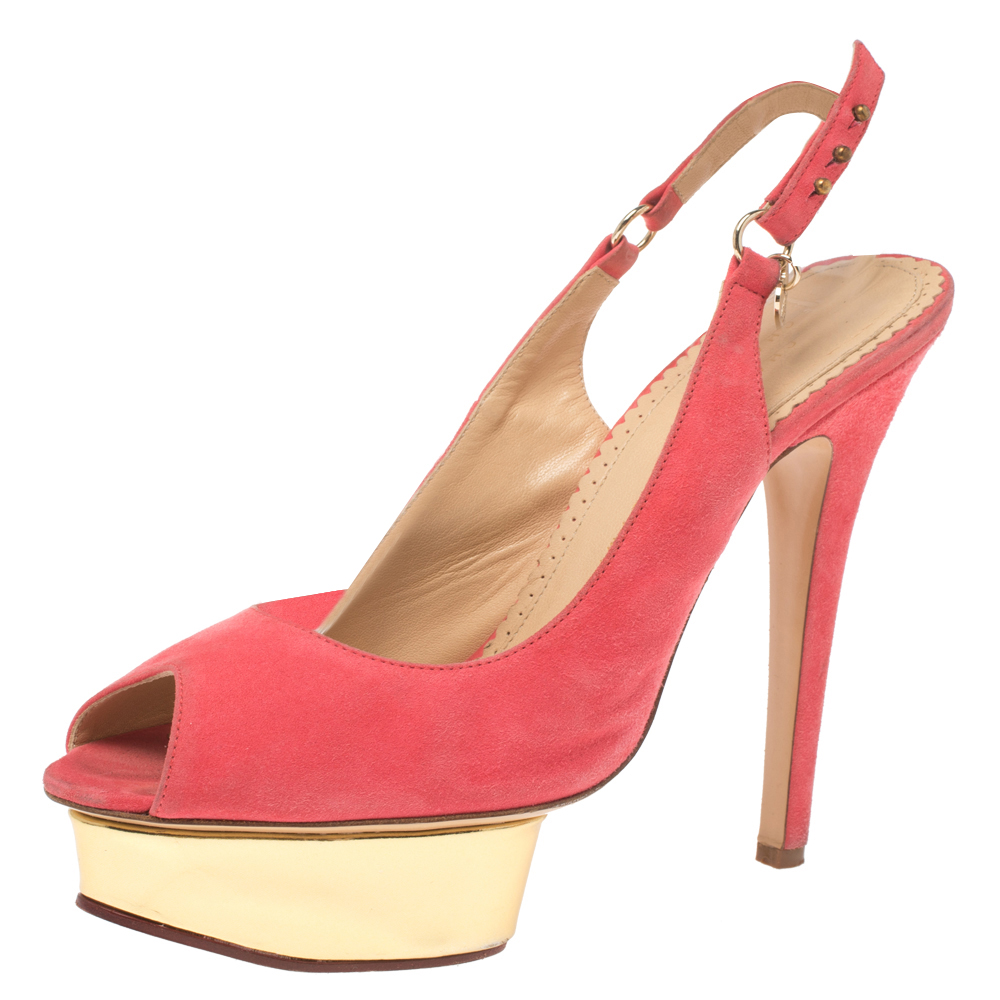 Charlotte Olympia Pink Suede Slingback Peep Toe Platform Sandals Size 37.5 Charlotte Olympia Pink Suede Slingback Peep Toe Platform Sandals Size 37.5