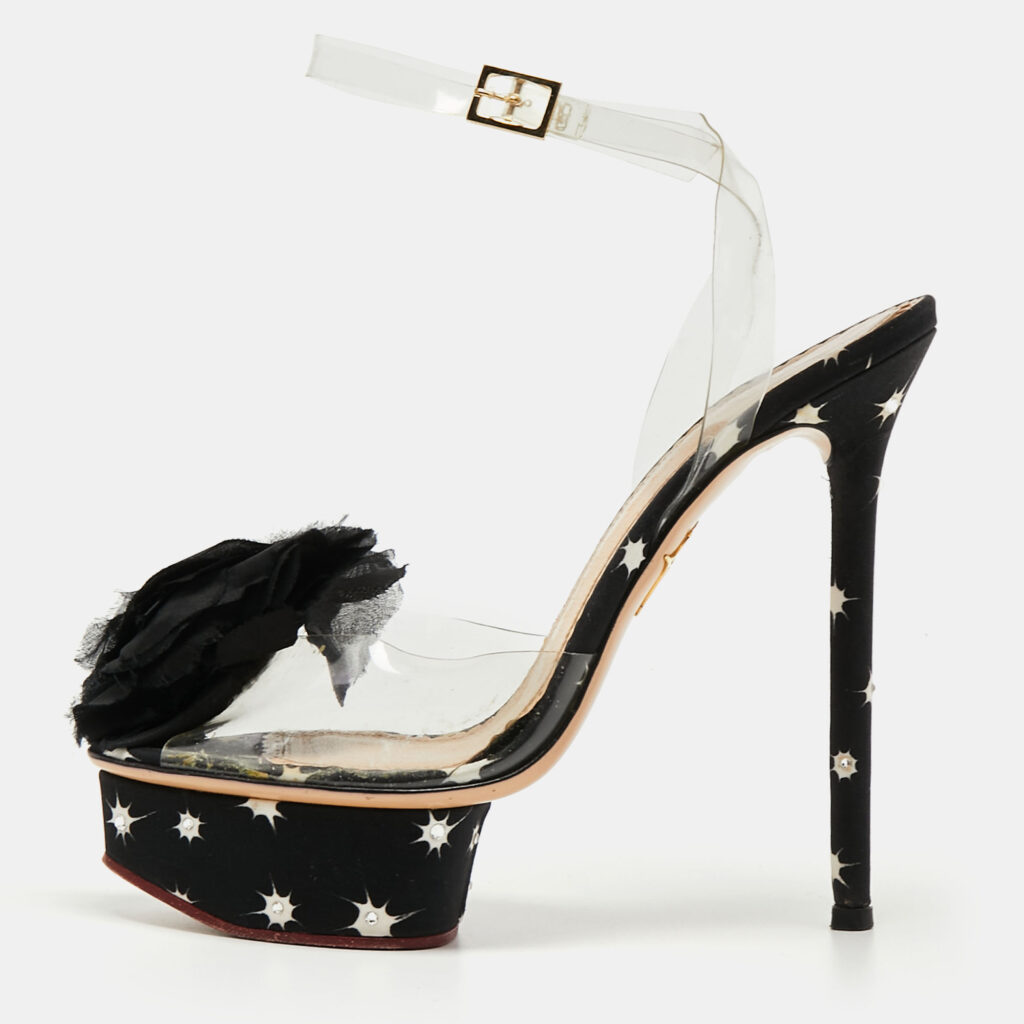luxury-women-charlotte-olympia-used-shoes-p731389-009-1.jpg Charlotte Olympia Black PVC And Satin Pomoline Pom Pom Platform Sandals Size 37.5