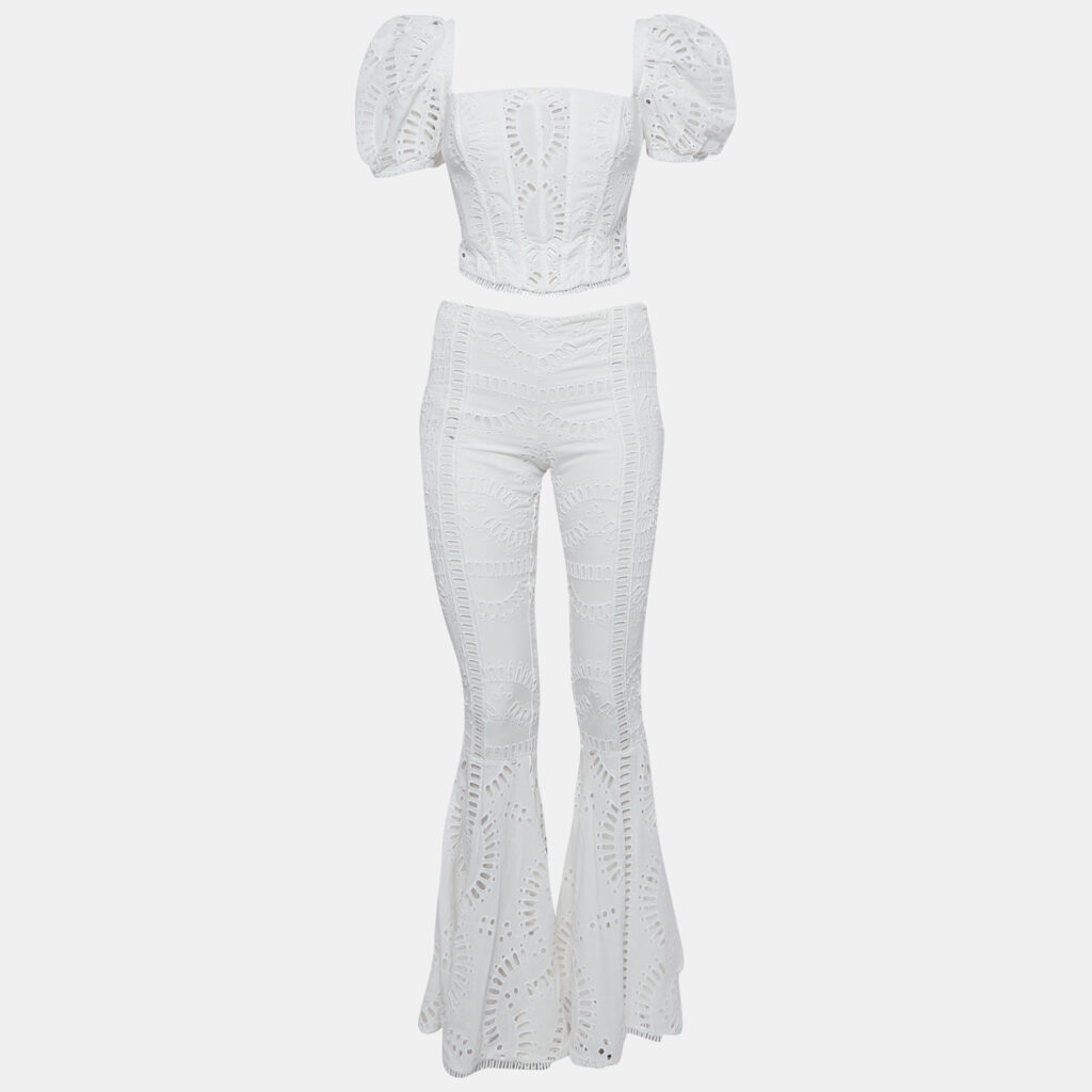 Charo Ruiz White Broderie Anglaise Cotton Top and Flared Pants Set S Charo Ruiz White Broderie Anglaise Cotton Top and Flared Pants Set S