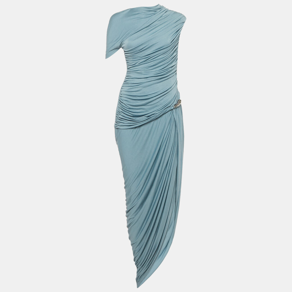 Chats By C.Dam Blue Jersey Rushed One Shoulder Maxi Dress M