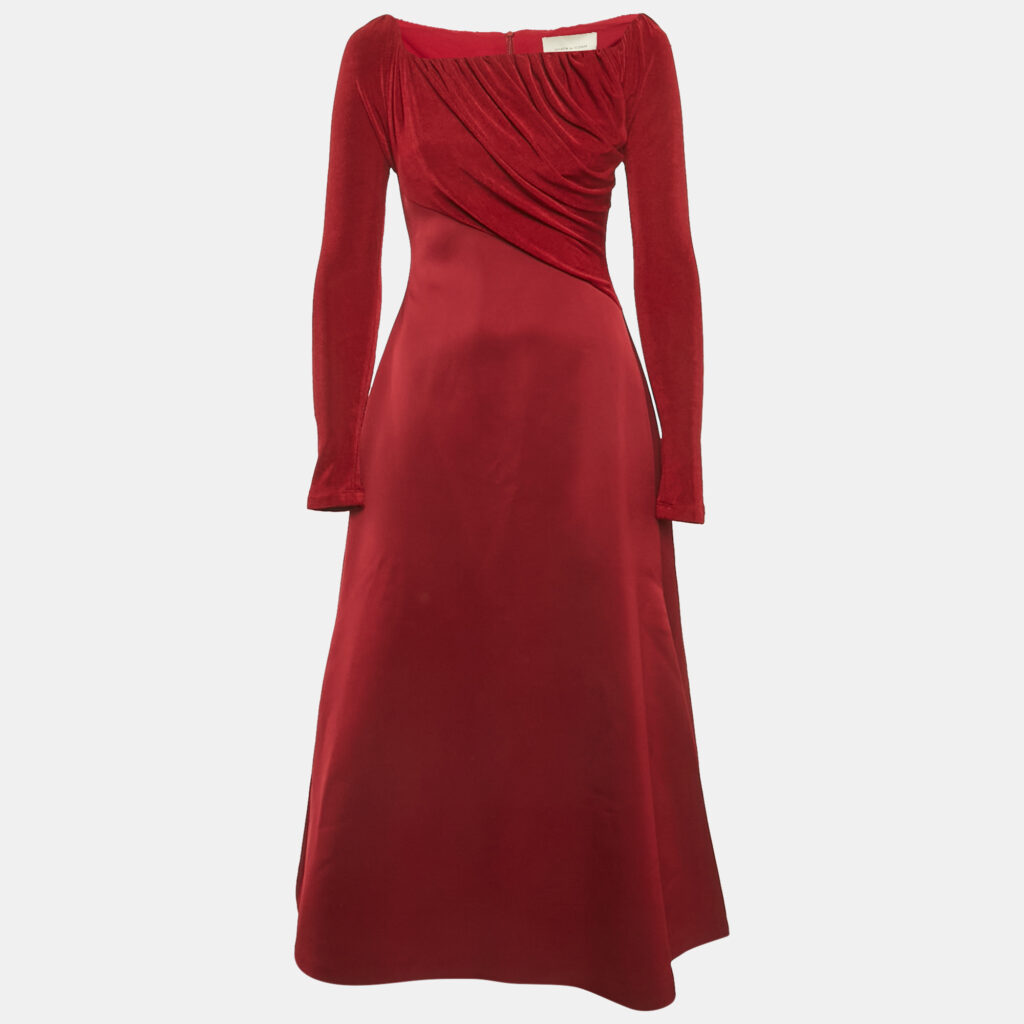 Chats By C.Dam Red Jersey and Crepe Off-Shoulder Gown S Chats By C.Dam Red Jersey and Crepe Off-Shoulder Gown S