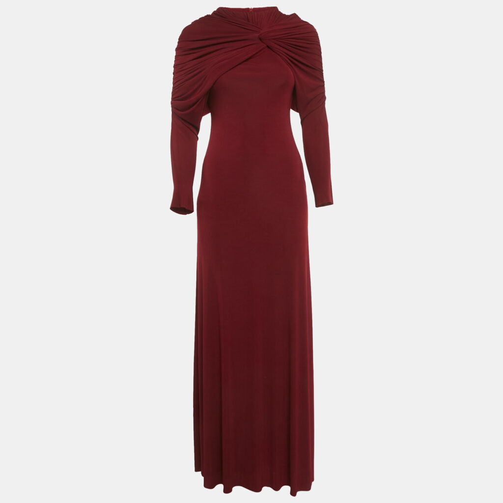 Chats By C.Dam Dark Red Lycra Raw Edge Detail Ruched Maxi Dress S Chats By C.Dam Dark Red Lycra Raw Edge Detail Ruched Maxi Dress S
