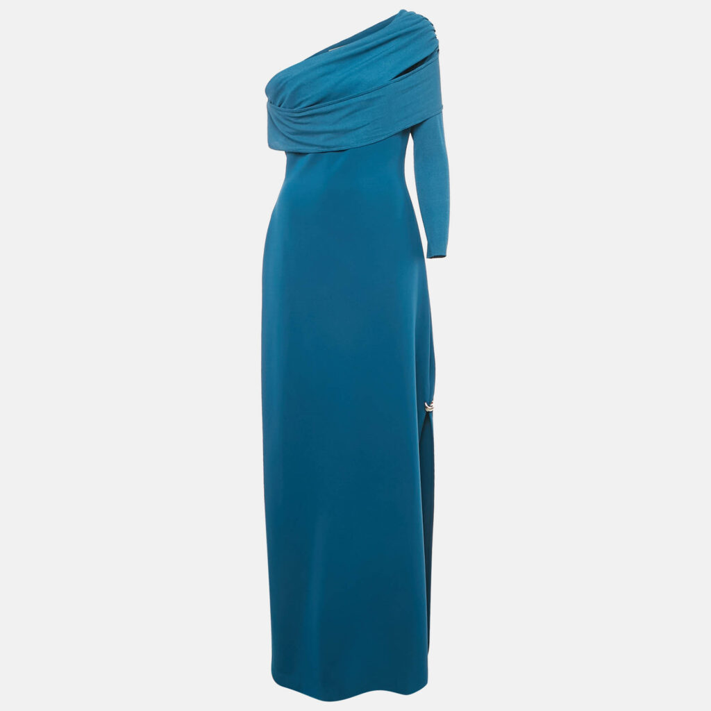 Chats By C.Dam Blue Jersey Draped Davi Maxi Dress S