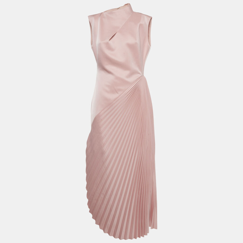 Chats By C.Dam Pink Plisse Asymmetrical Pleated Midi Dress M