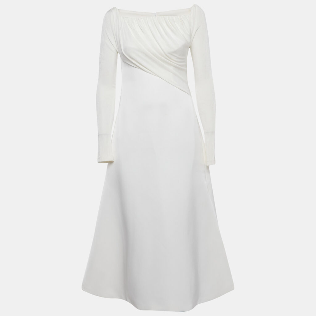 Chats By C.Dam White Jersey and Crepe Off-Shoulder Long Dress S Chats By C.Dam White Jersey and Crepe Off-Shoulder Long Dress S