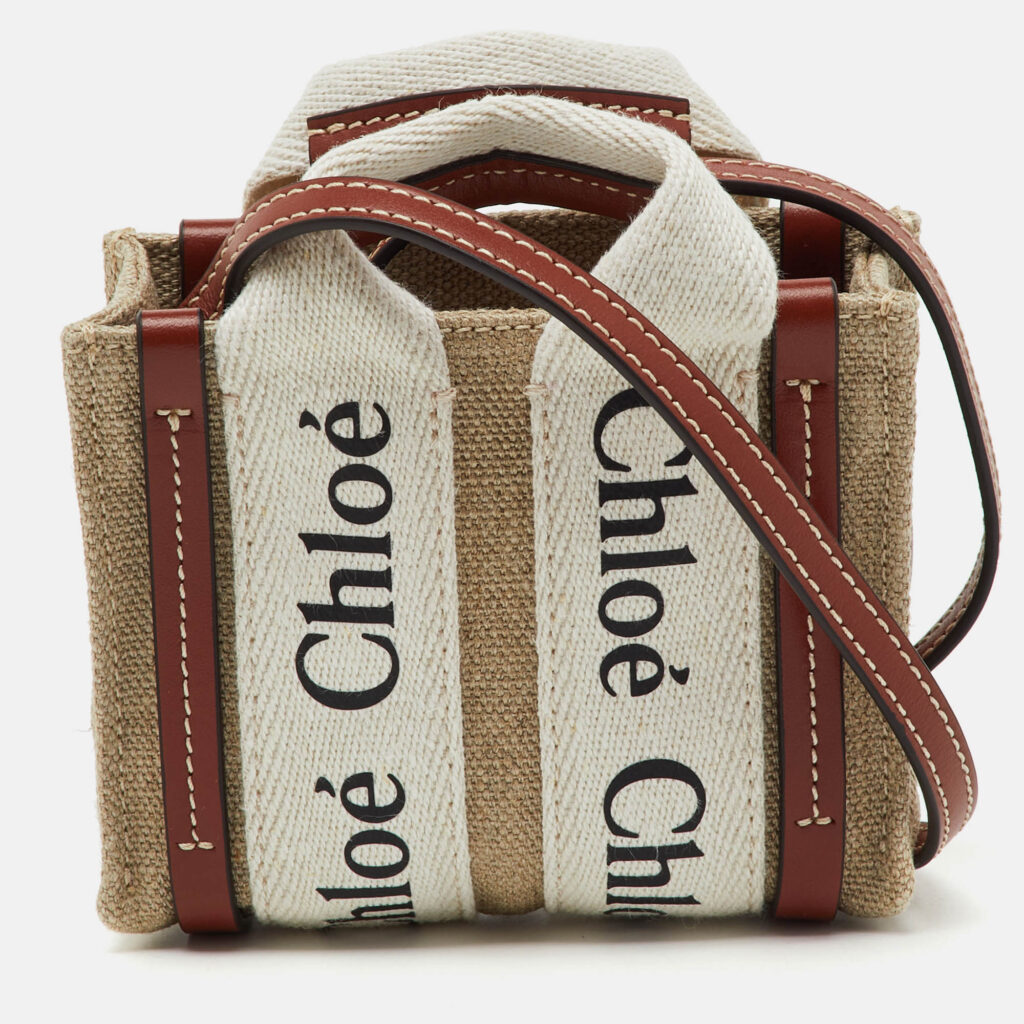 Chloe Beige/Brown Canvas and Leather Nano Woody Tote Chloe Beige/Brown Canvas and Leather Nano Woody Tote