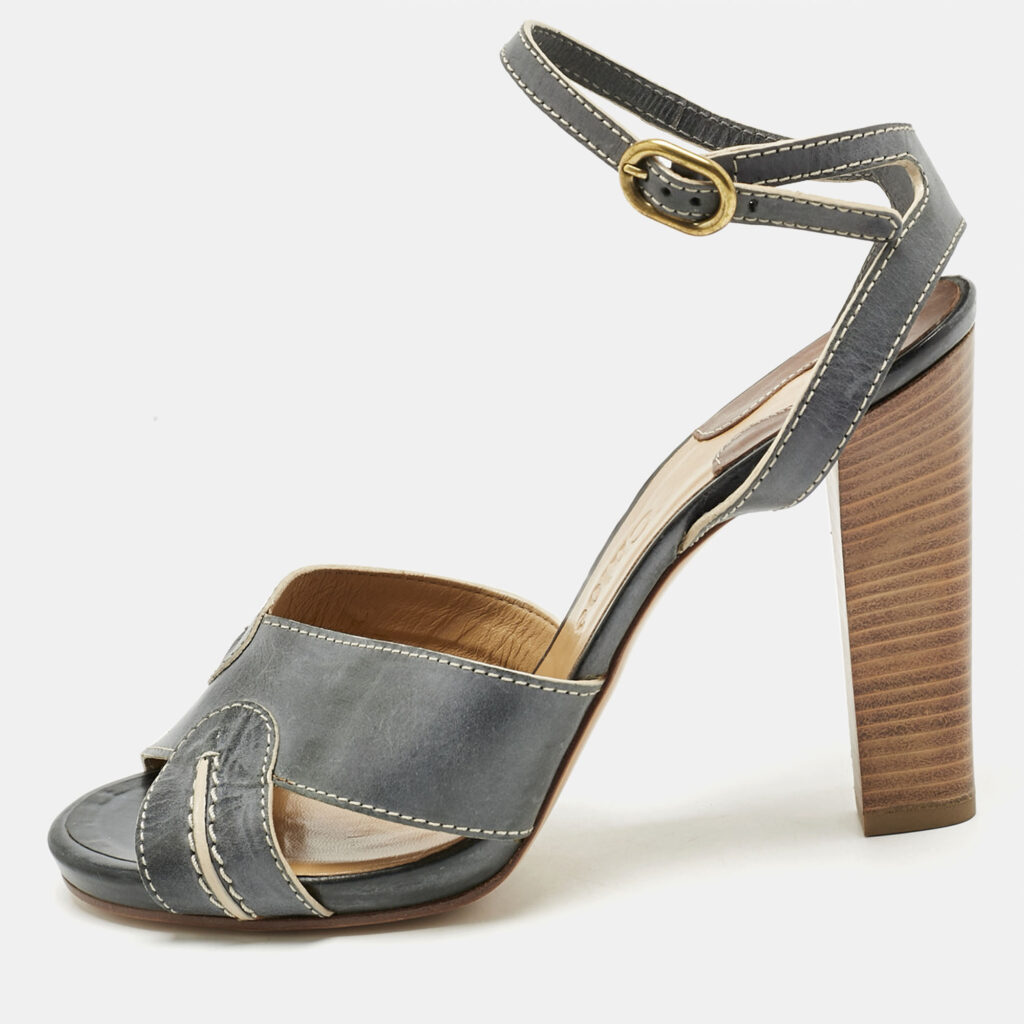 Chloe Grey/Beige Leather Ankle Strap Sandals Size 40