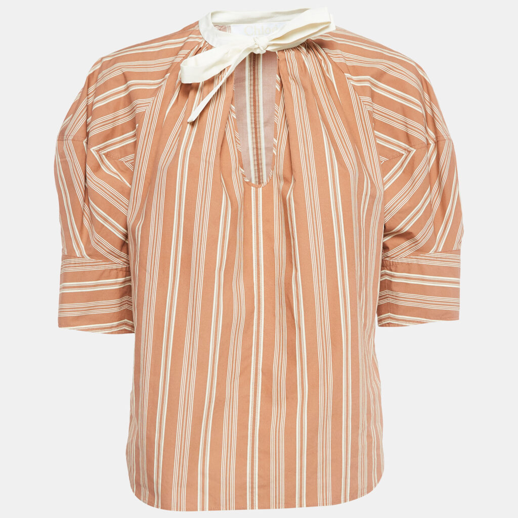 Chloe Brown Stripe Print Silk Neck Tie Up Top M
