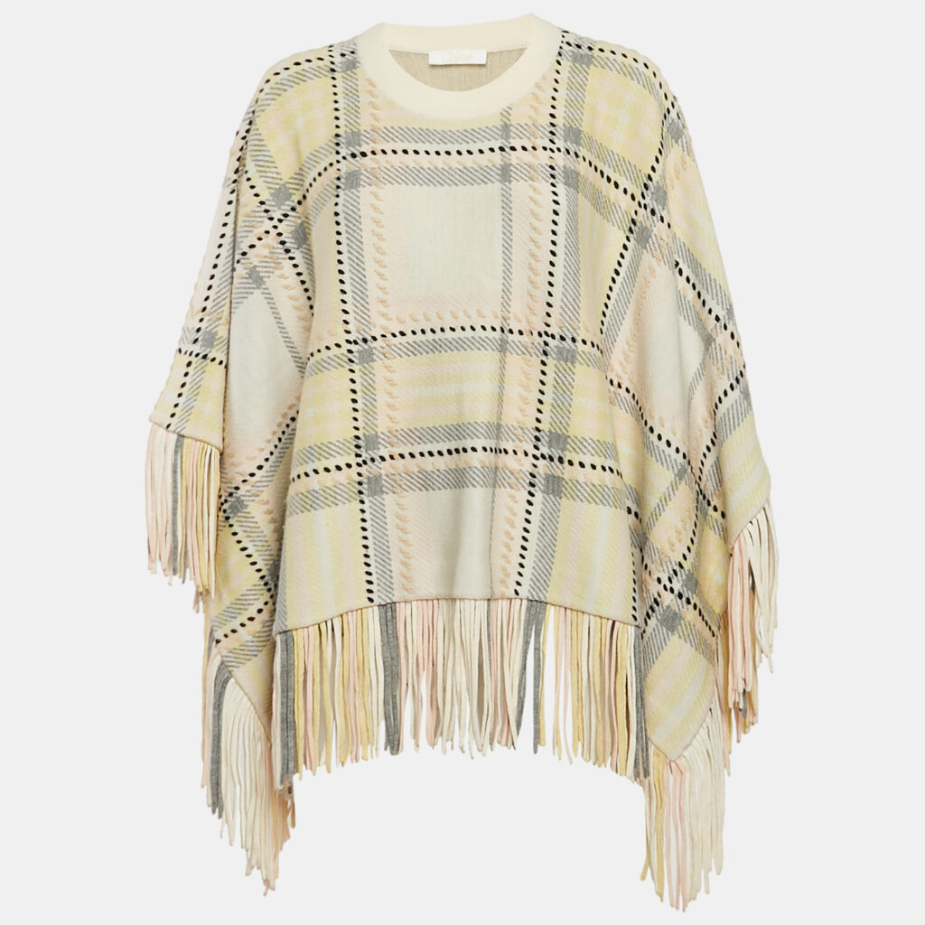 Chloe Yellow Plaid Cashmere Fringed Poncho Sweater XS/S