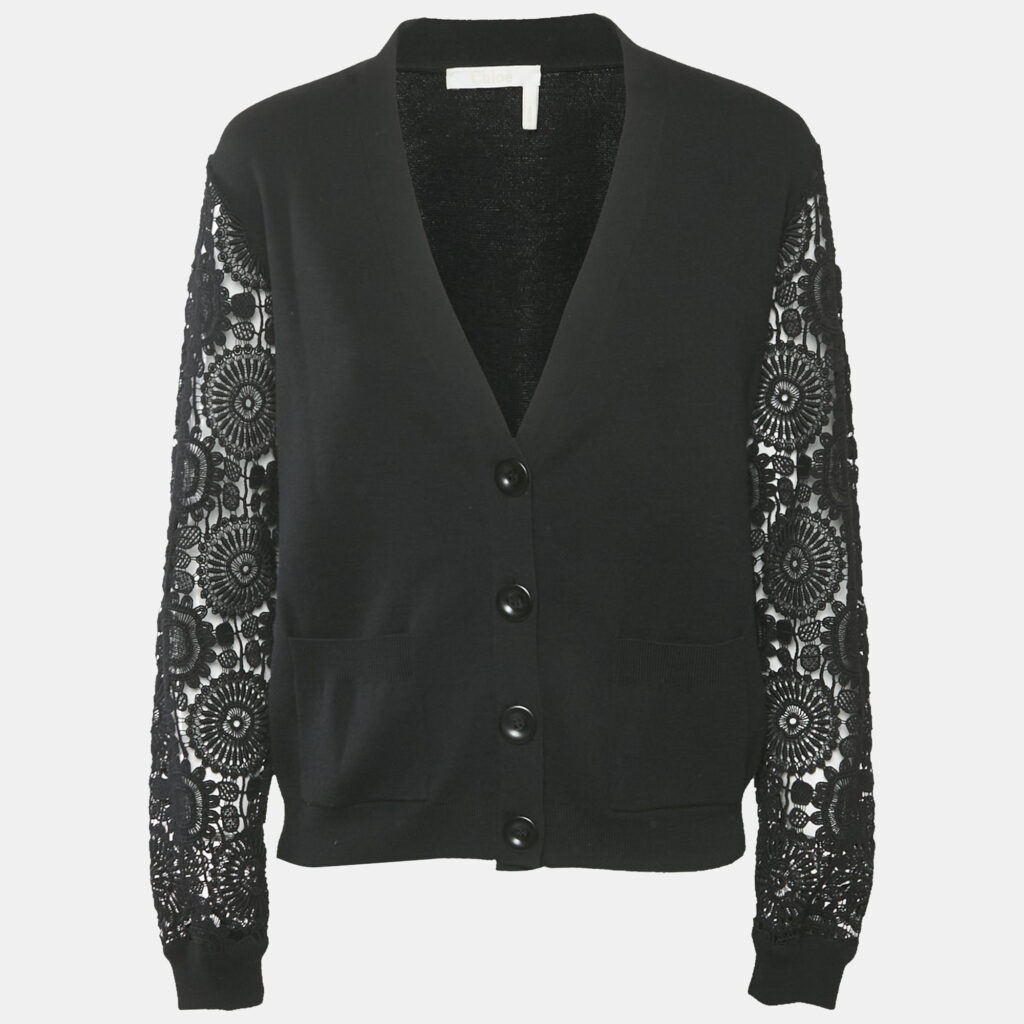 luxury-women-chloe-used-clothes-p1175093-004-1.jpg Chloé Black Wool and Lace Button Front Cardigan M