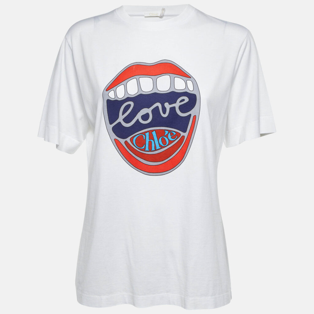Chloe White Pop Art Print Cotton Crew Neck T-Shirt S Chloe White Pop Art Print Cotton Crew Neck T-Shirt S