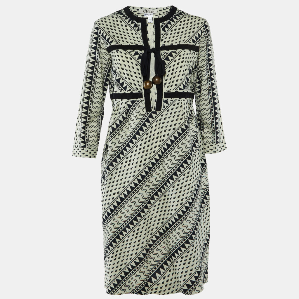 Chloe Black Printed Cotton Tie Detail Midi Dress L