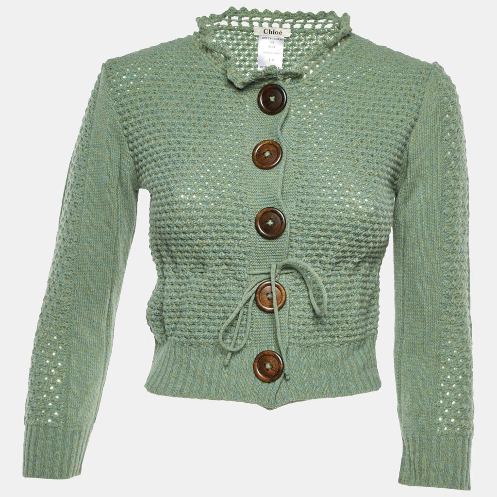 Chloe Olive Green Merino Wool Cropped Cardigan S Chloe Olive Green Merino Wool Cropped Cardigan S