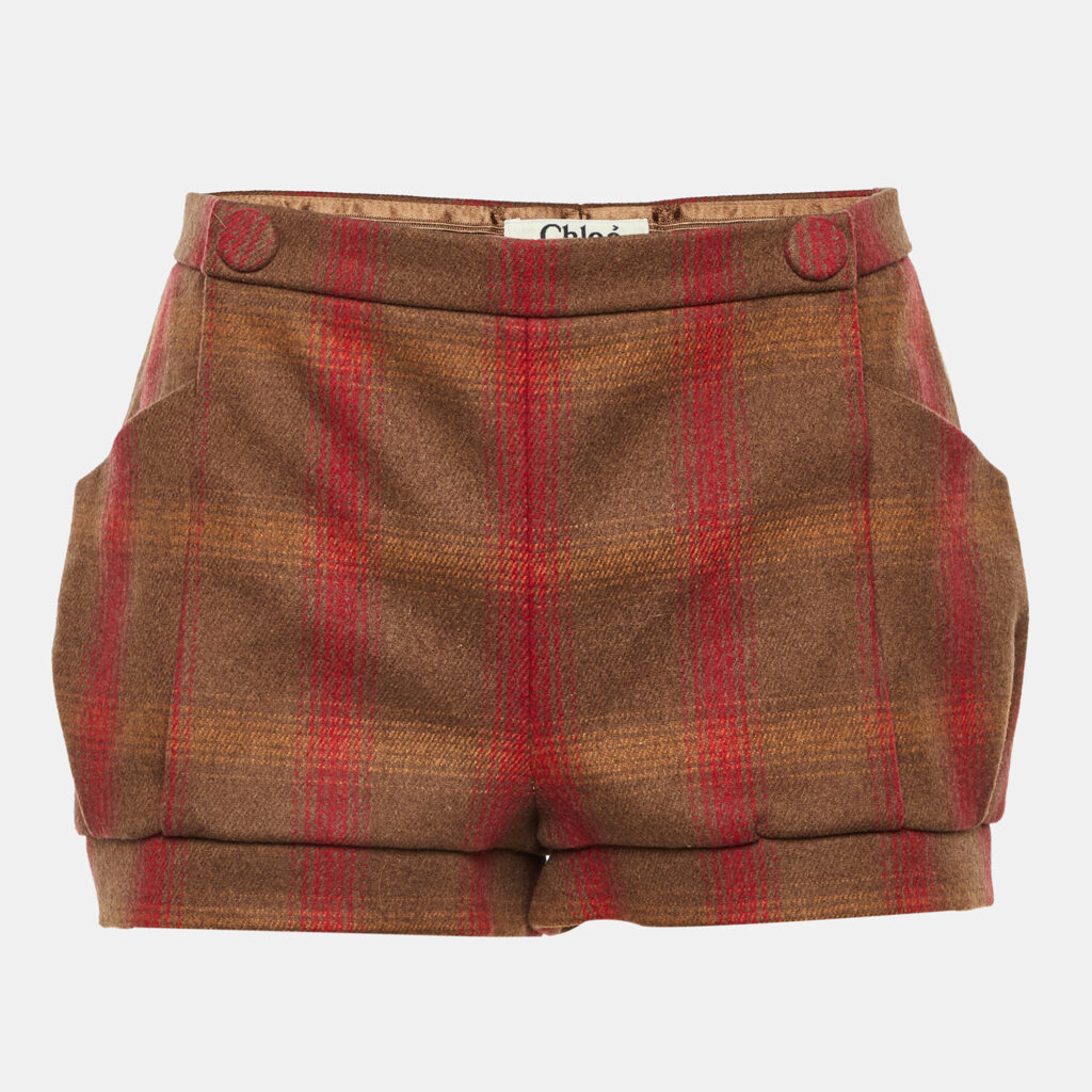 Chloe Brown/Red Plaid Check Wool Shorts S Chloe Brown/Red Plaid Check Wool Shorts S