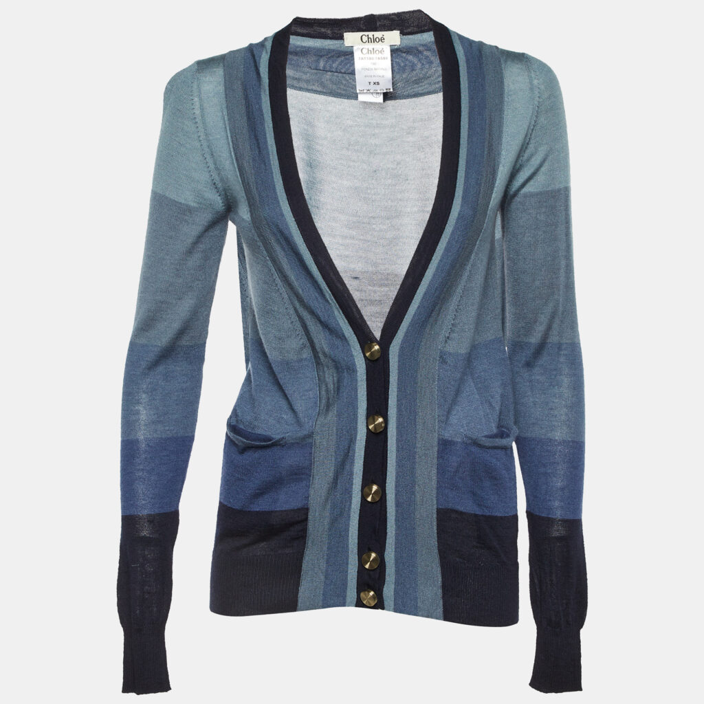 Chloe Grey/Blue Striped Cashmere & Silk Button Front Cardigan XS Chloe Grey/Blue Striped Cashmere & Silk Button Front Cardigan XS