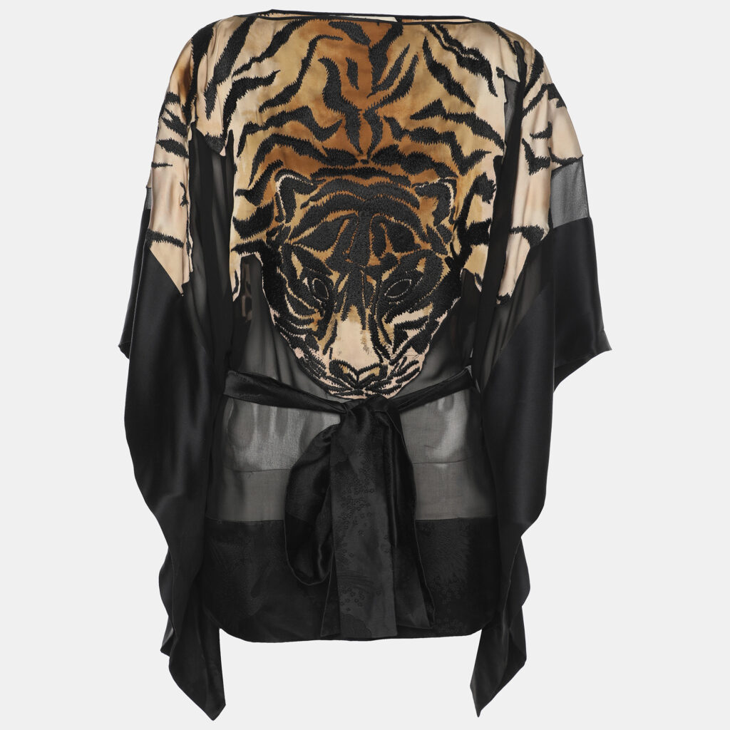 Chloe Beige/Black Satin Tiger Embroidered Belted Kaftan Blouse M Chloe Beige/Black Satin Tiger Embroidered Belted Kaftan Blouse M