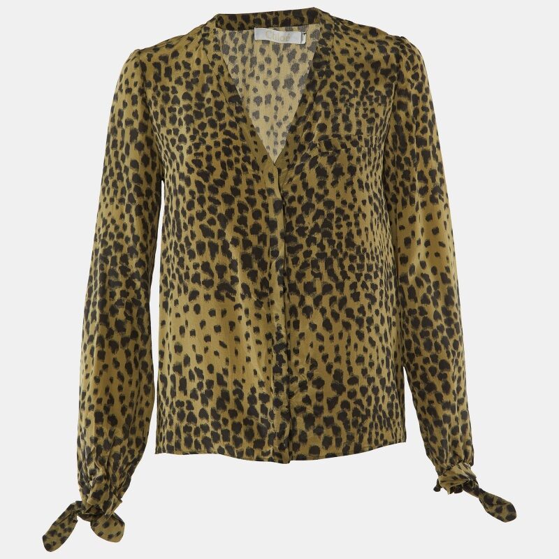 Chloe Taupe Green Printed Silk Button Front Blouse M Chloe Taupe Green Printed Silk Button Front Blouse M