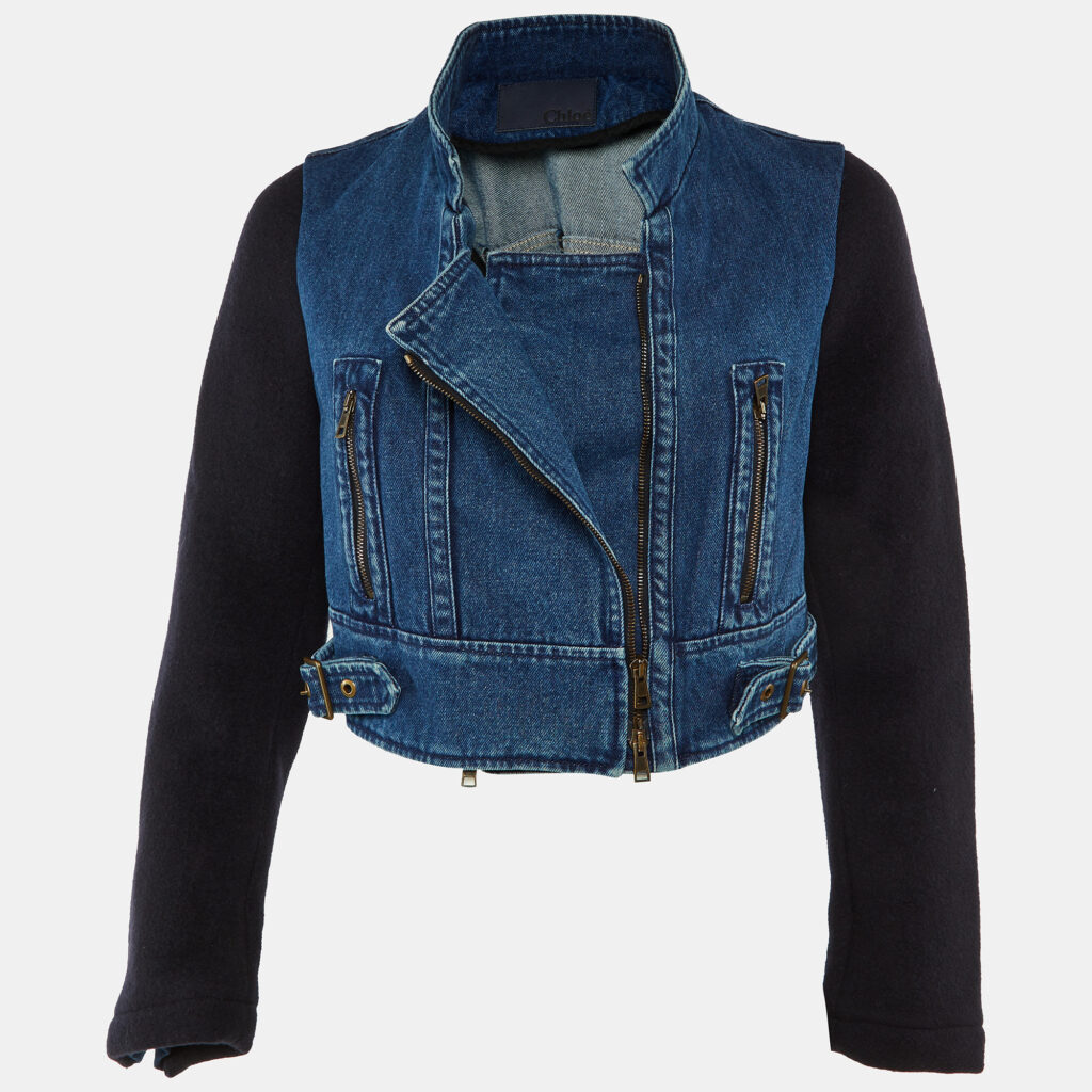 Chloe Blue Denim & Wool Cropped Zip Up Jacket S