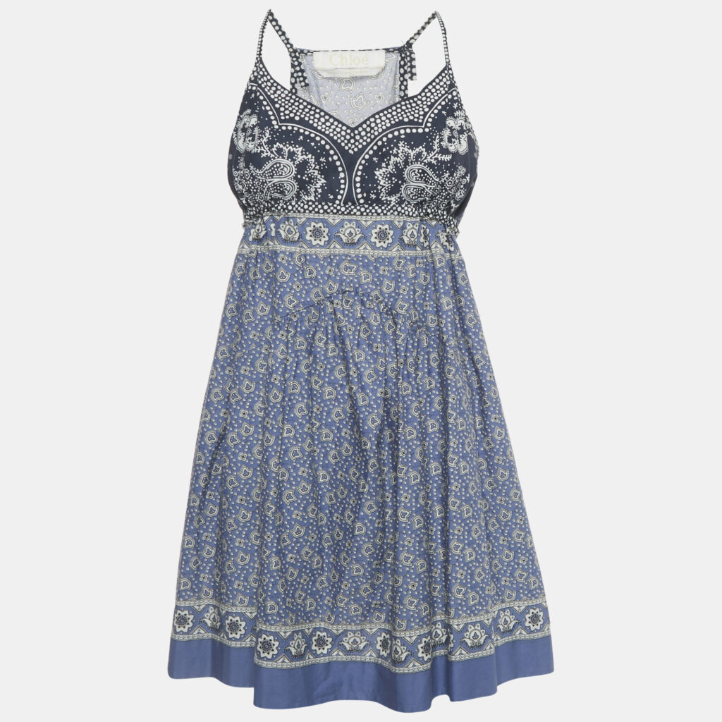 Chloe Blue Printed Cotton Strappy Mini Dress S