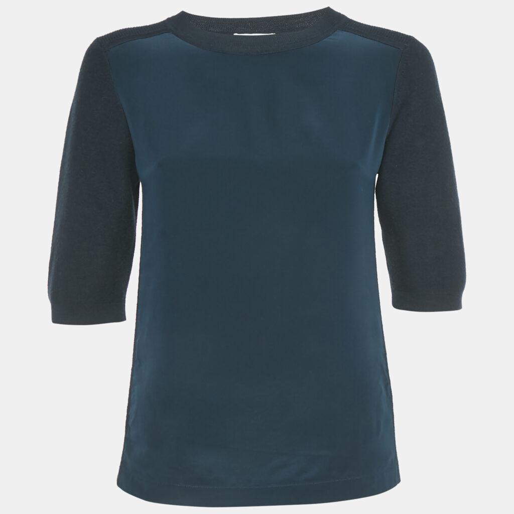 Chloe Black Navy Wool Knit and Silk Crew Neck Top XS