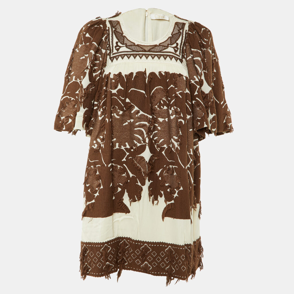 Chloé Havana Brown Fringed Jacquard Mini Tunic Dress S