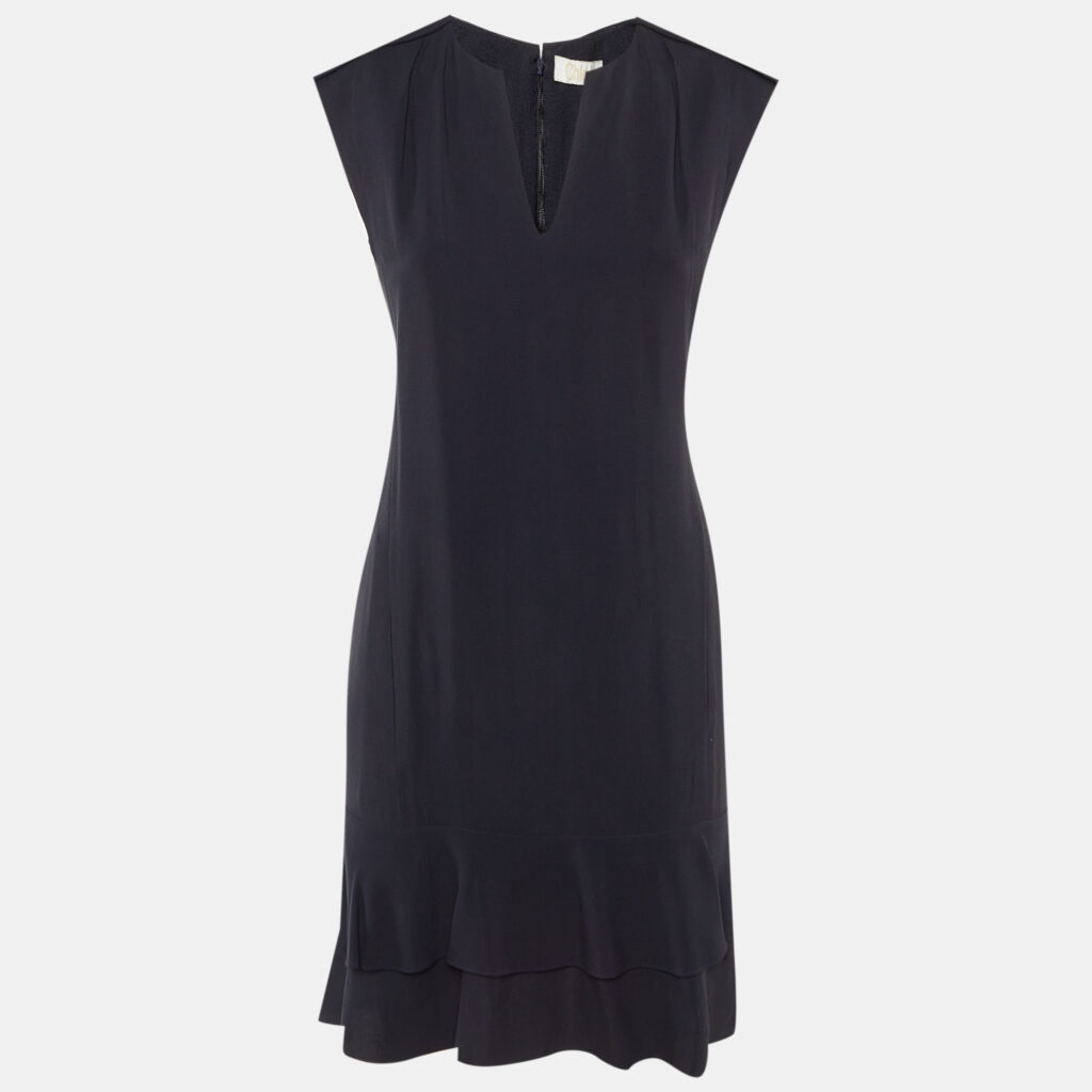 Chloe Navy Blue Crepe Flounced Sleeveless Dress S