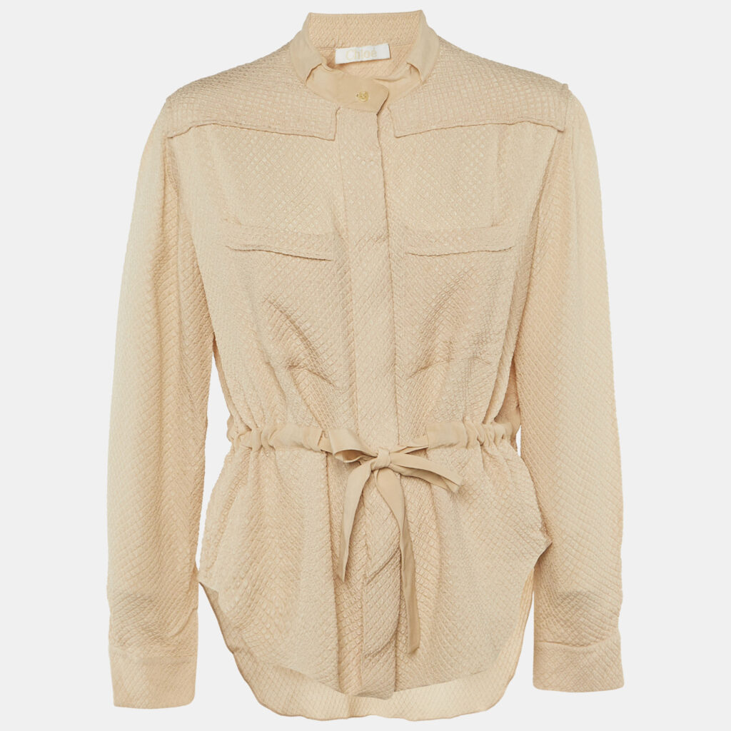 Chloe Beige Embossed Silk Blend Tie Waist Blouse L Chloe Beige Embossed Silk Blend Tie Waist Blouse L
