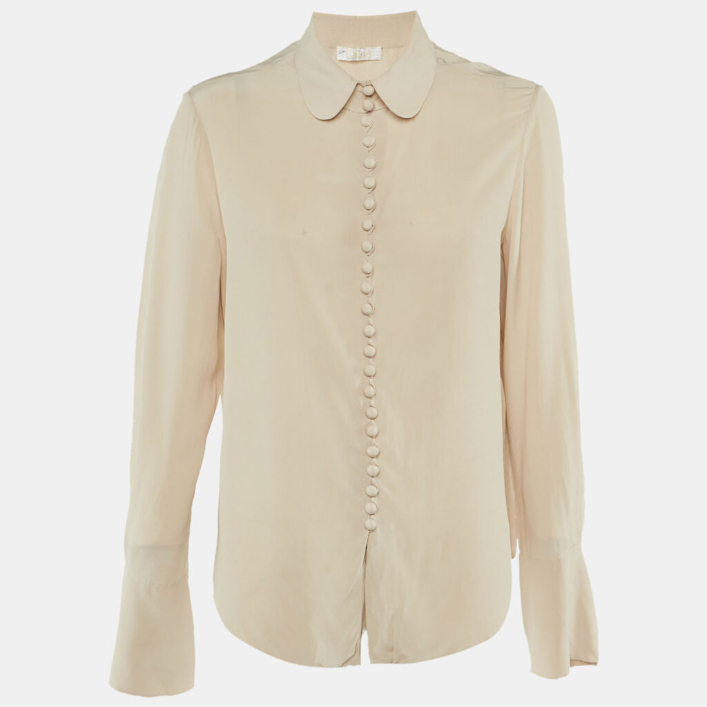 Chloe Beige Silk Button Front Blouse L Chloe Beige Silk Button Front Blouse L