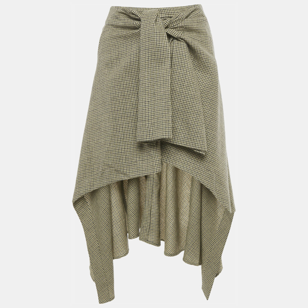 Chloe Beige/Green Houndstooth Wool Knot Detail Asymmetric Skirt S Chloe Beige/Green Houndstooth Wool Knot Detail Asymmetric Skirt S