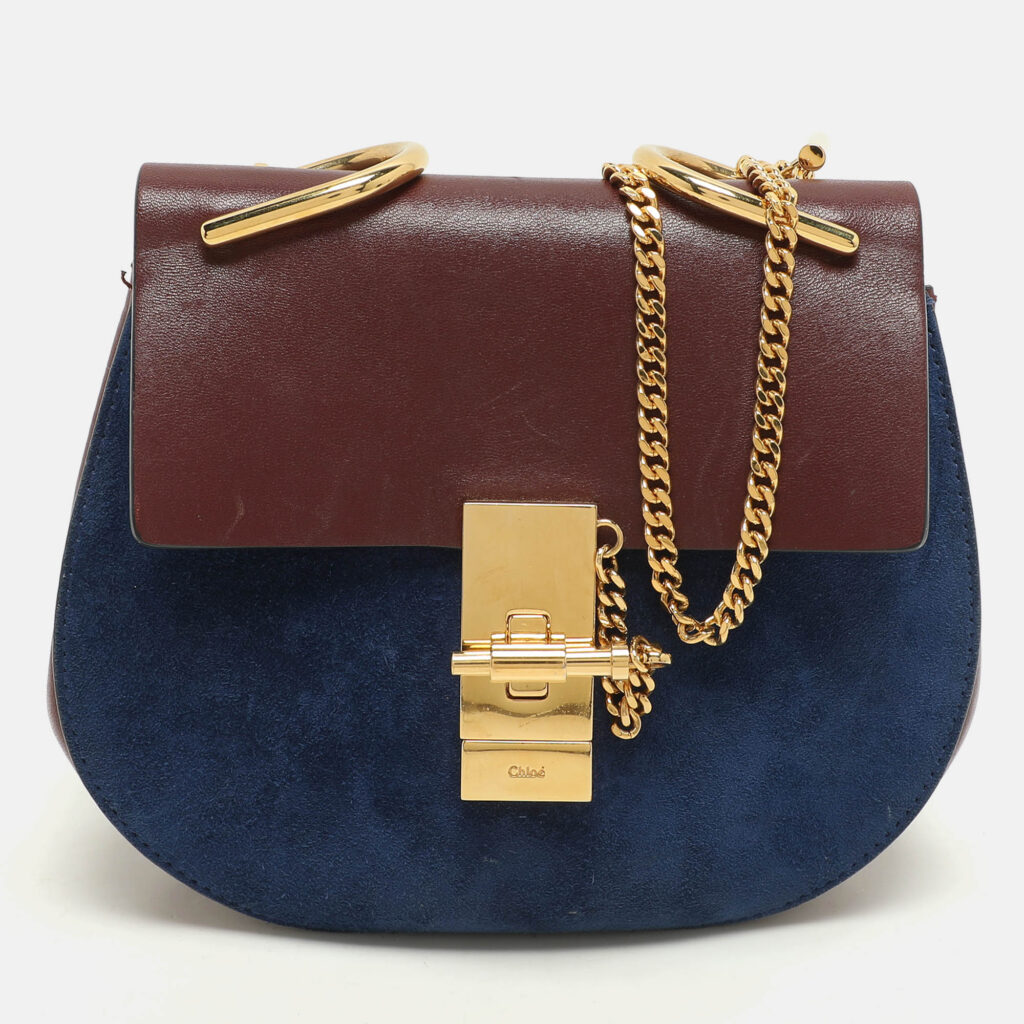 Chloe Dark Brown/Blue Leather and Suede Small Drew Shoulder Bag