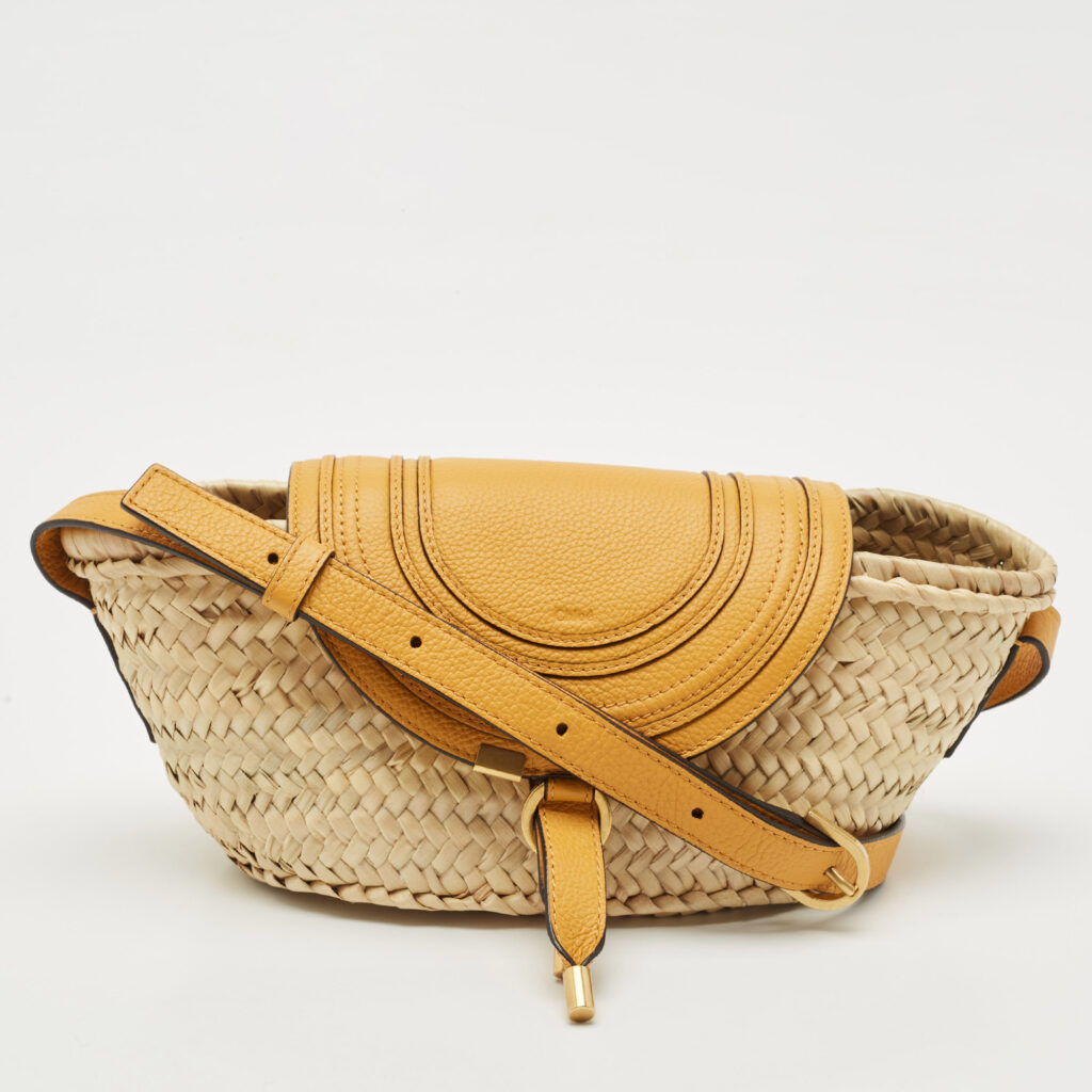 Chloé Mustard/Beige Woven Raffia and Leather Marcie Basket Bag Chloé Mustard/Beige Woven Raffia and Leather Marcie Basket Bag