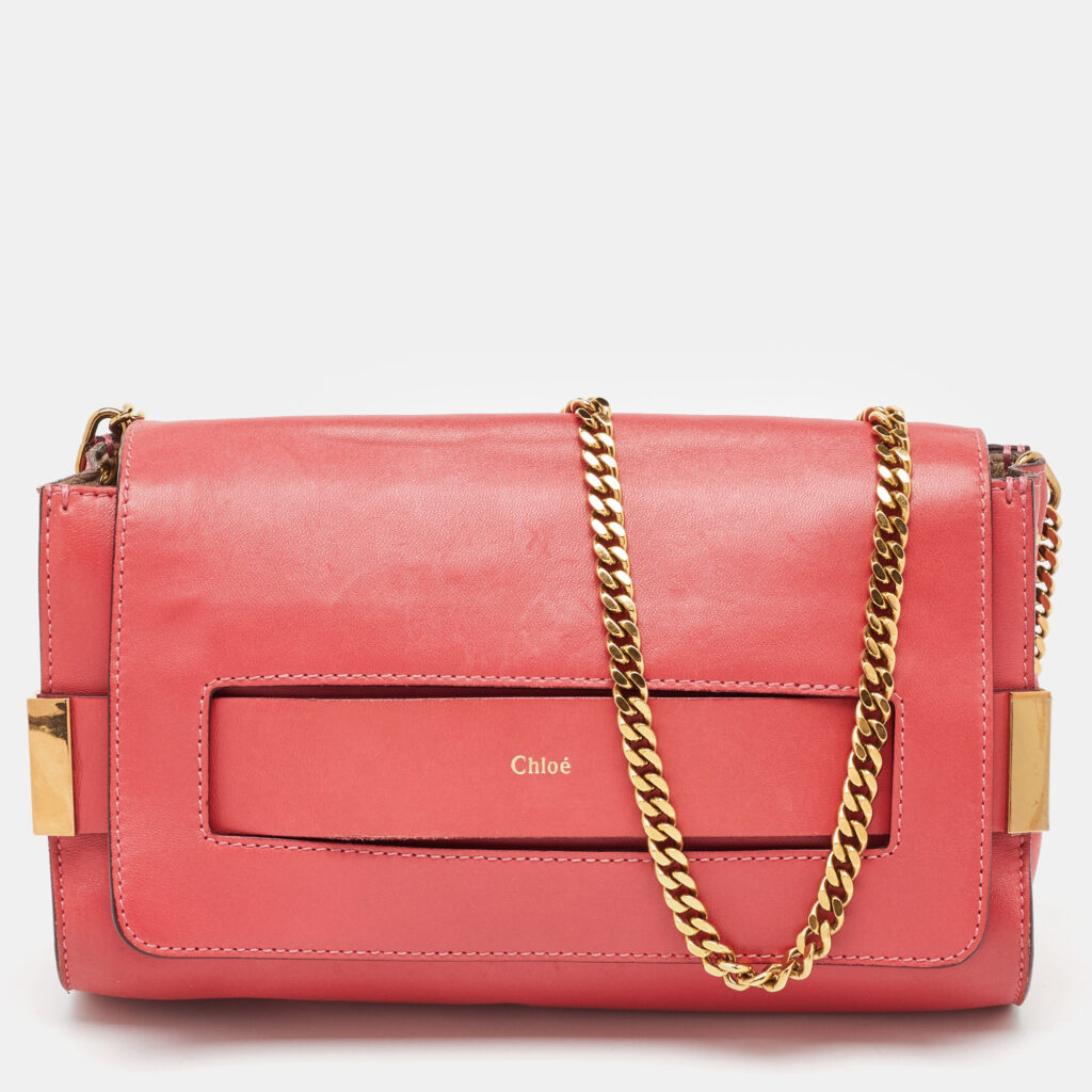 Chloe Peach Pink Leather Elle Flap Chain Clutch Chloe Peach Pink Leather Elle Flap Chain Clutch