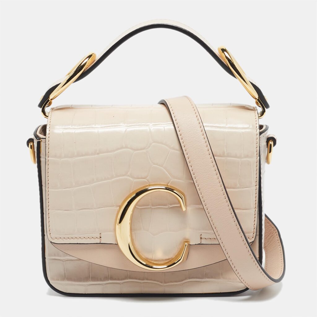 Chloé Blush Pink/Grey Croc Embossed Leather Mini C Top Handle Bag Chloé Blush Pink/Grey Croc Embossed Leather Mini C Top Handle Bag