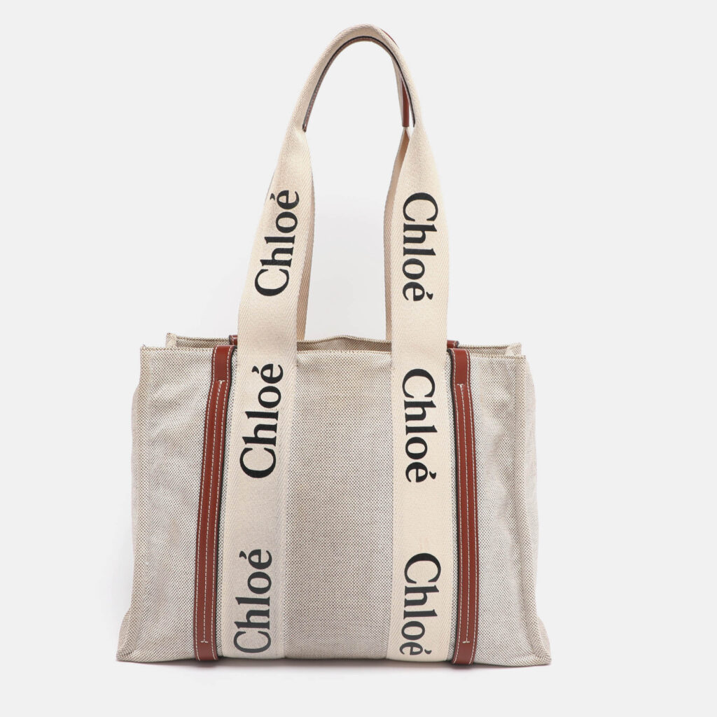 Chloe Beige/Brown Canvas and Leather Medium Woody Tote