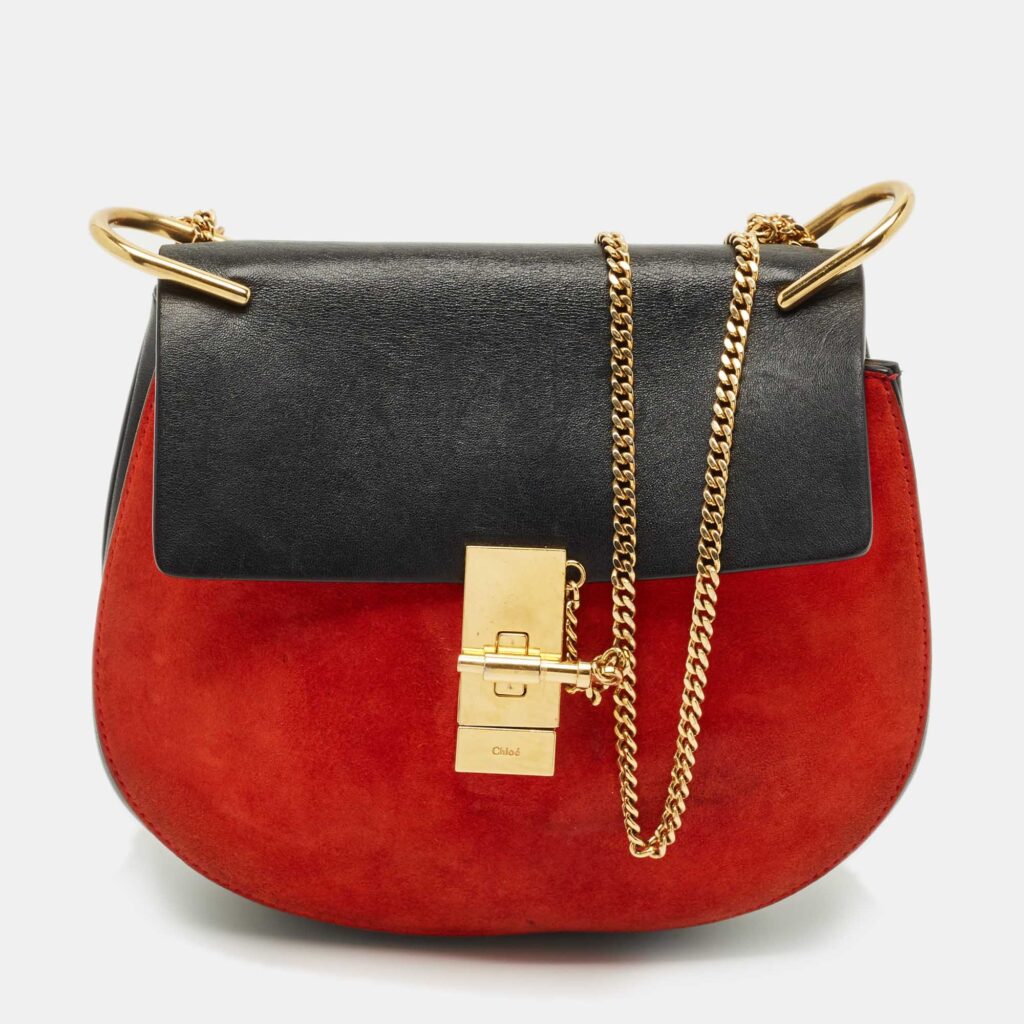 Chloe Black/Orange Leather and Suede Medium Drew Shoulder Bag Chloe Black/Orange Leather and Suede Medium Drew Shoulder Bag