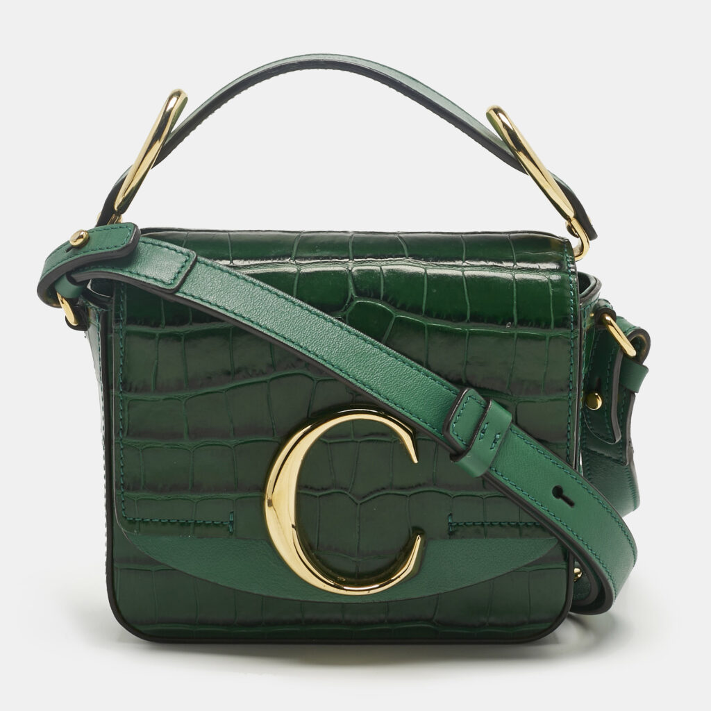 Chloe Green Croc Embossed Leather C Mini Crossbody Bag Chloe Green Croc Embossed Leather C Mini Crossbody Bag