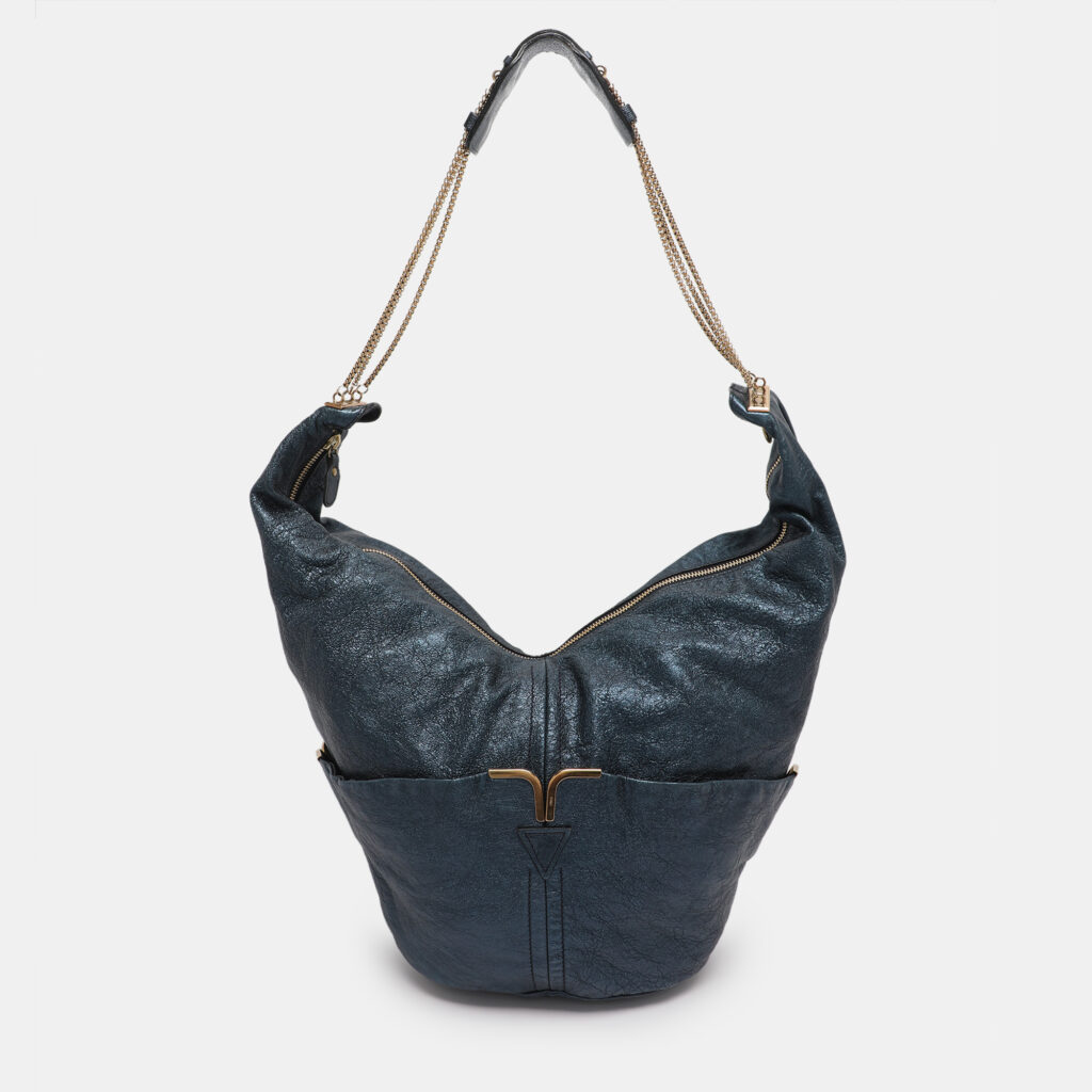 Chloe Metallic Blue Leather Milton Triple Chain Hobo