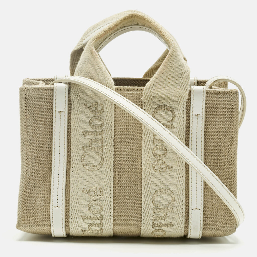 Chloe White/Beige Canvas Mini Woody Tote Chloe White/Beige Canvas Mini Woody Tote