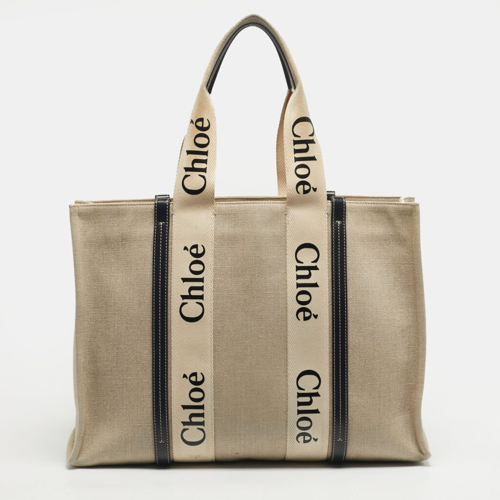 Chloe Beige/Black Canvas and Leather Large Woody Tote Chloe Beige/Black Canvas and Leather Large Woody Tote