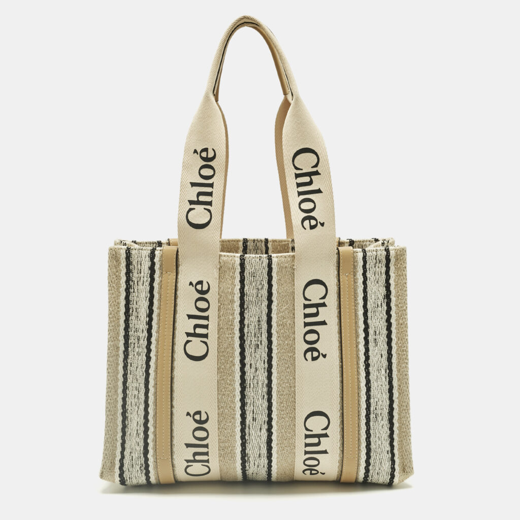 luxury-women-chloe-used-handbags-p1240854-001-1.jpg Chloé Beige/Black Canvas and Leather Medium Striped Woody Tote