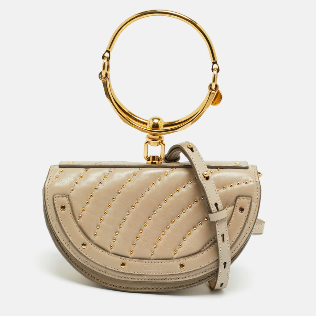 Chloé Beige Quilted Leather Studded Nile Bracelet Minaudiere Crossbody Bag