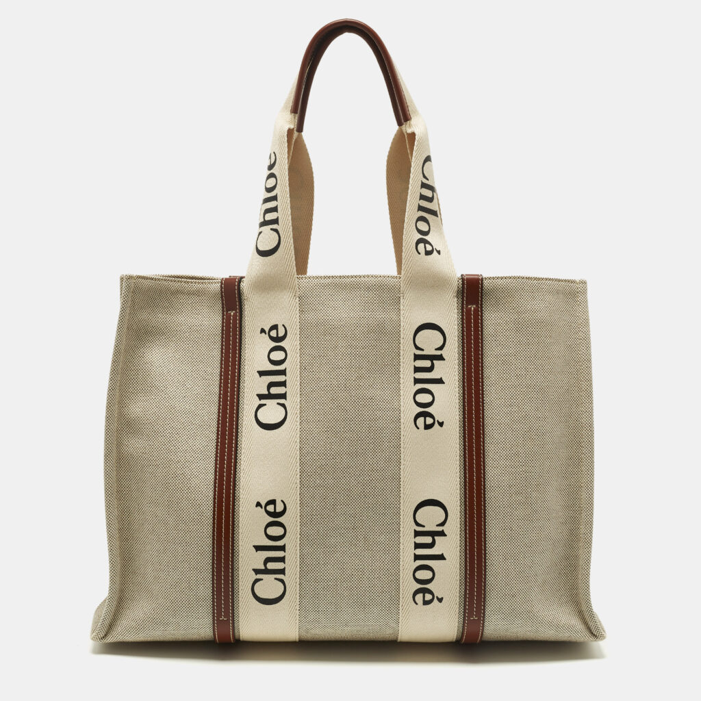 Chloe Woody Large Beige/Brown Canvas and Leather Tote