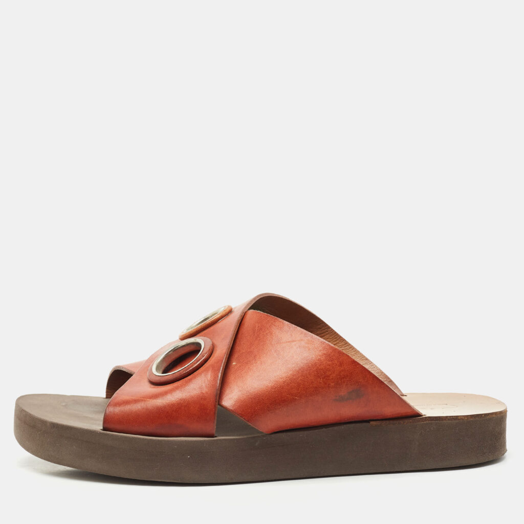 Chloe Brown Leather Crisscross Flat Slide Size 37