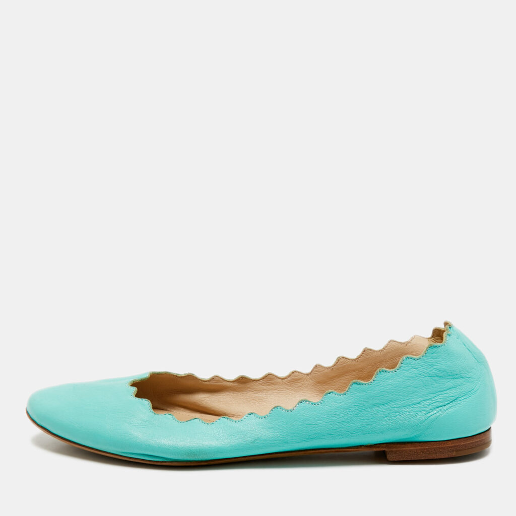 luxury-women-chloe-used-shoes-p1180811-001-1.jpg Chloe Turquoise Blue Leather Lauren Scalloped Ballet Flats Size 37