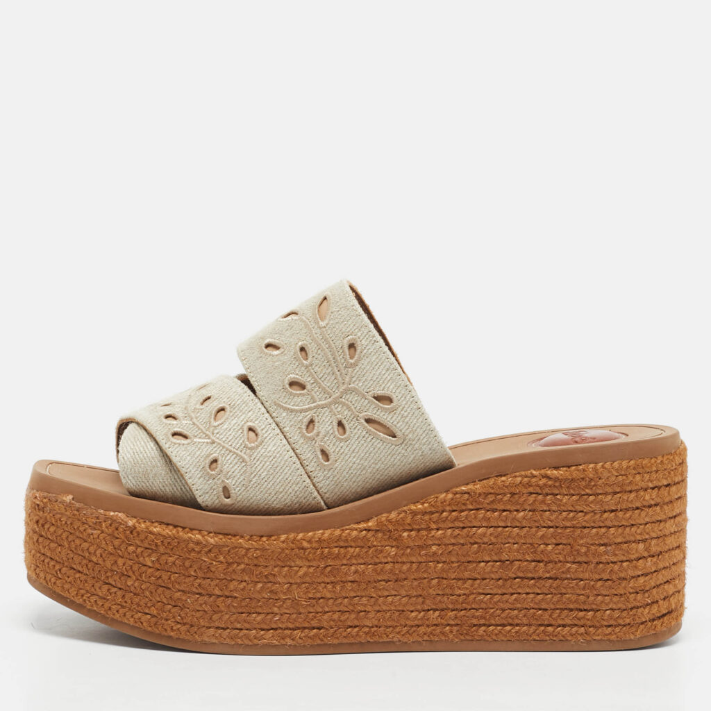Chloe Beige/Brown Embroidered Canvas Woody Platform Espadrille Sandals Size 38 Chloe Beige/Brown Embroidered Canvas Woody Platform Espadrille Sandals Size 38