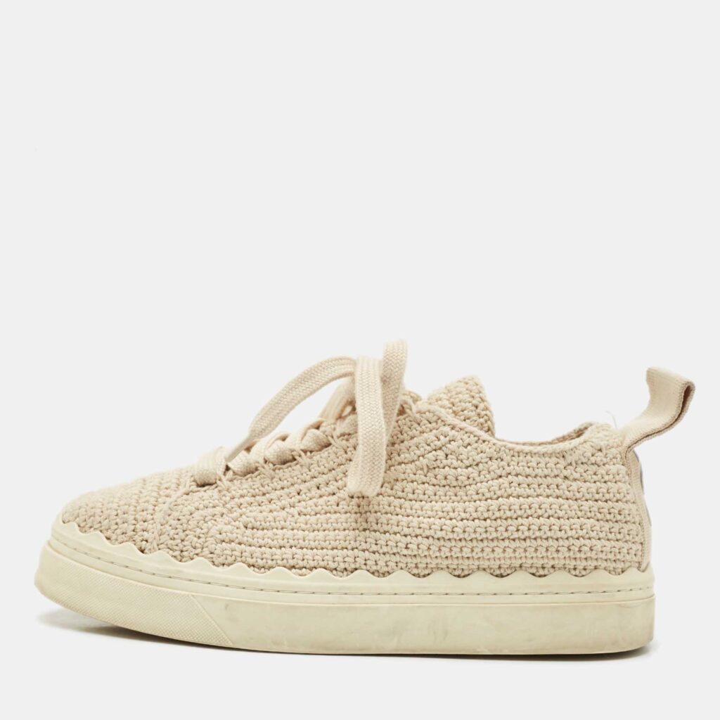 luxury-women-chloe-used-shoes-p1190594-003-1.jpg Chloe Beige Knit Fabric Lauren Lace Up Sneakers Size 37-38